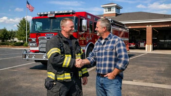 Fire fighters in front of truck shaking hands