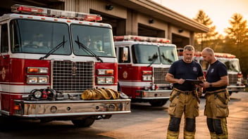 fire fighters with trucks
